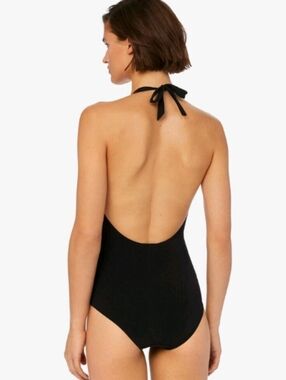 Tory Burch Solid Black Halter Neck Open Back Deep One Piece Swimsuit Sz L
